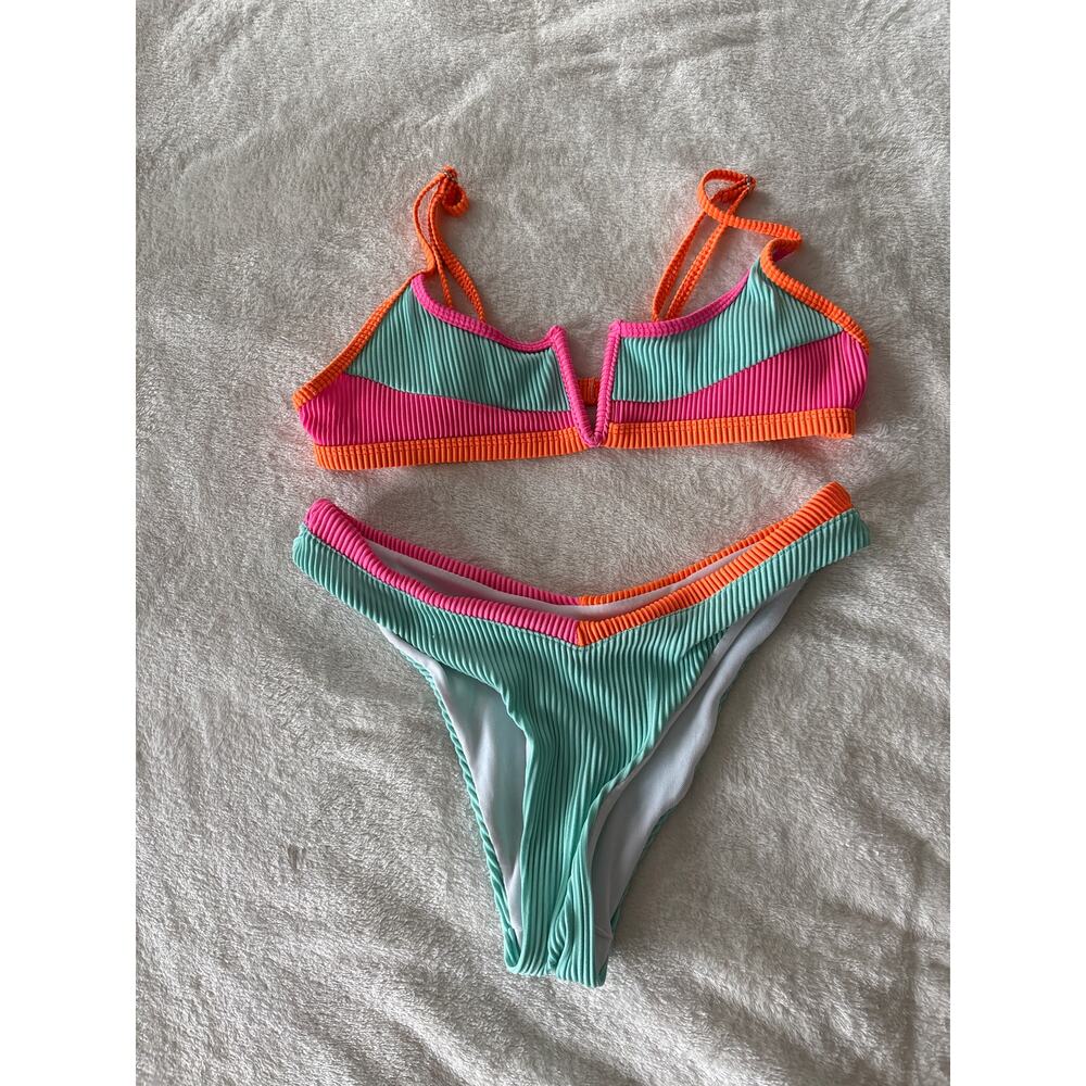 SHEIN orange, pink and teal bikini with V. Cheeky size Small